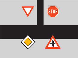 Bilde av et vegkryss med ulike trafikkskilt